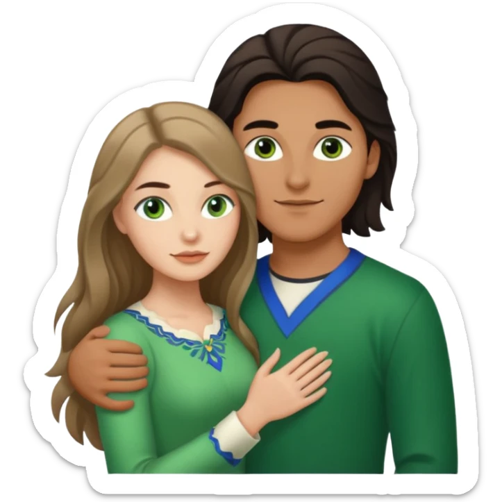 young Métis man and young white woman holding each other affectionately, the woman has long dark hair and green eyes sticker
