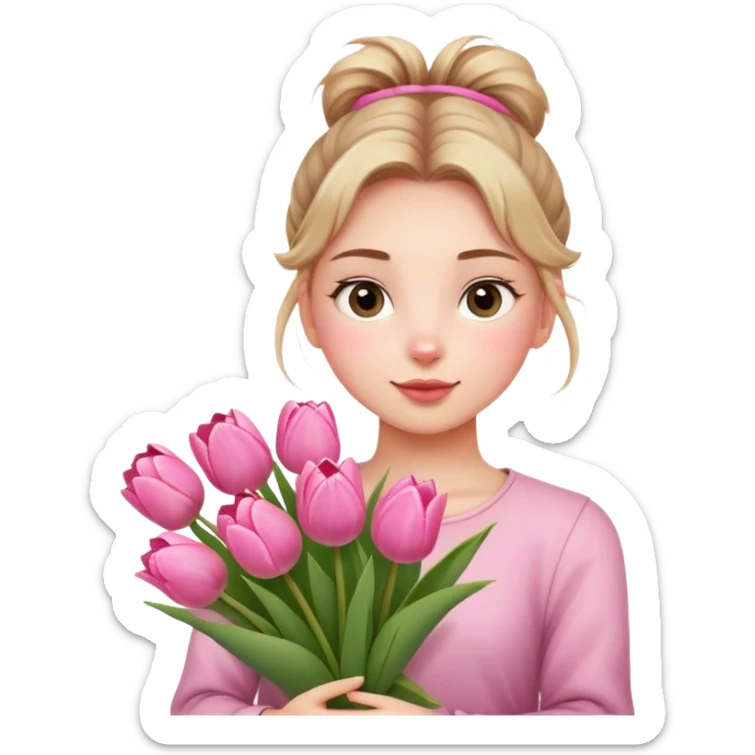 A girl with a messy bun, holding a bunch of pink tulips. sticker