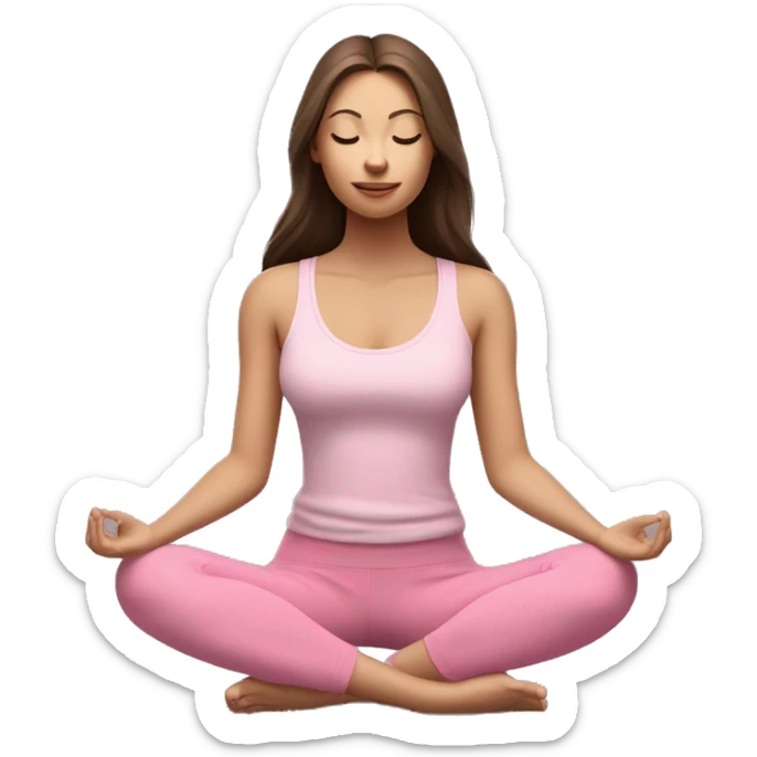 a girl with brown long hair, fair skin and green eyes, meditates in a relaxed lotus position in a comfortable monochrome pink top and monochrome pink leggings sticker