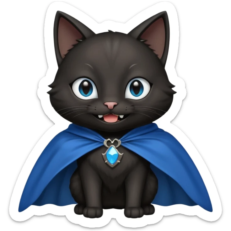 an all black anthropomorphic cat with blue eyes wears an all black cape and is smiling a mischievous sharp tooth grin sticker