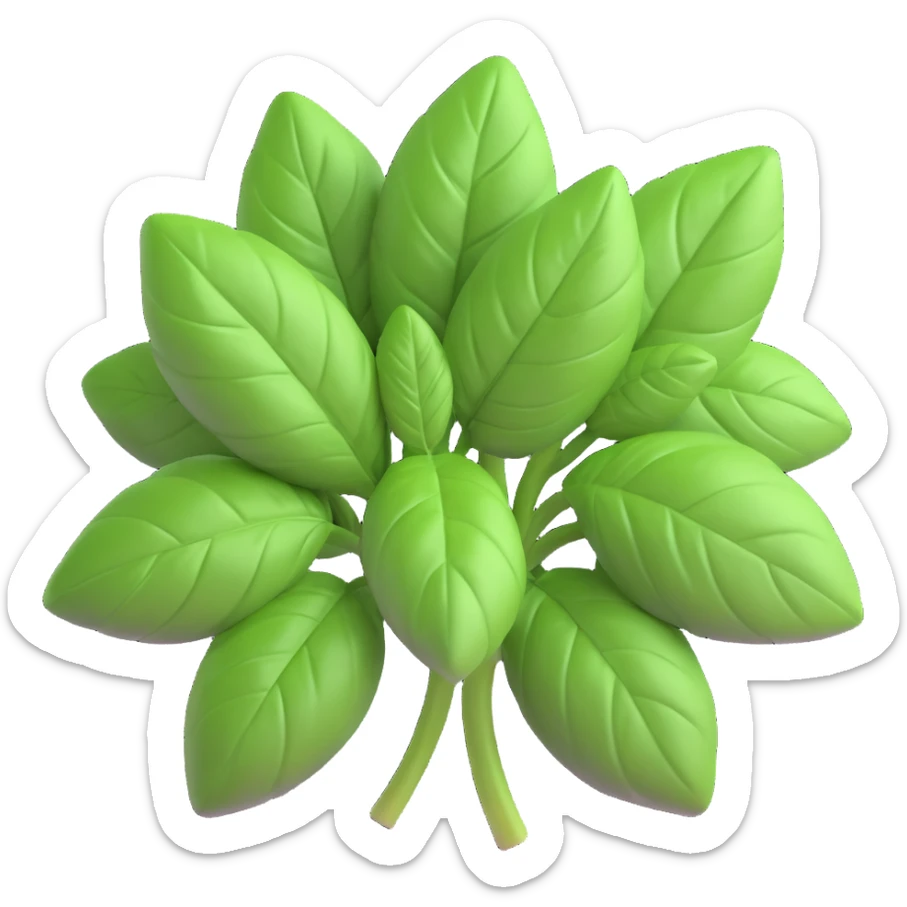 A bunch of fresh basil with bright green leaves, rendered in a 3D volumetric iOS style, on a white background. sticker