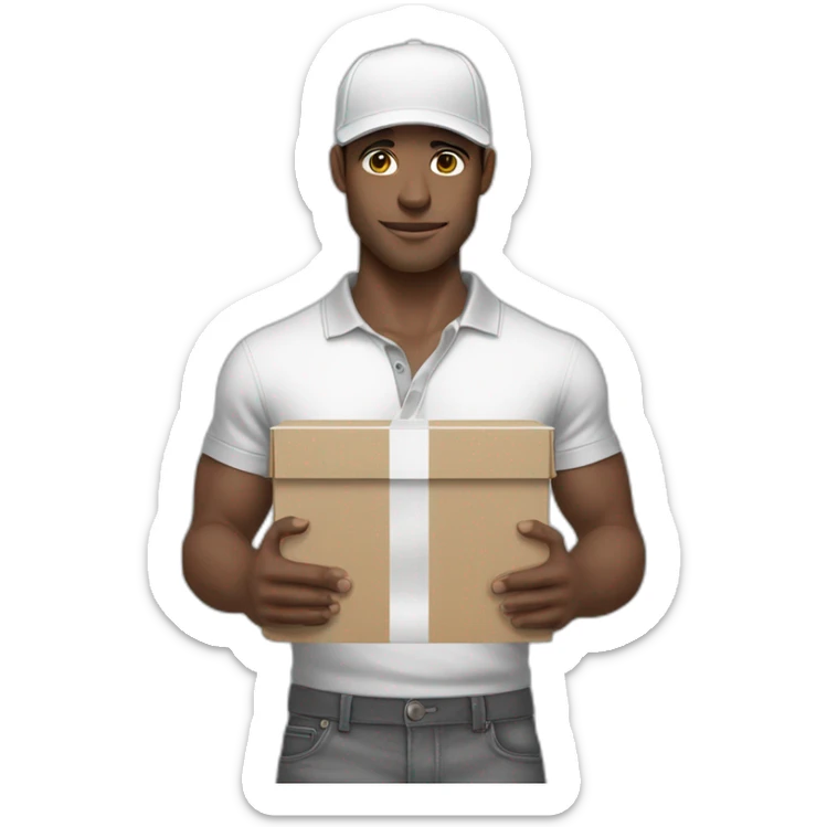 Pale skinned fit Man with dark brown hair in a white cap, gray jeans and gray polo T-shirt keeping a pasted with tape box into his hands sticker