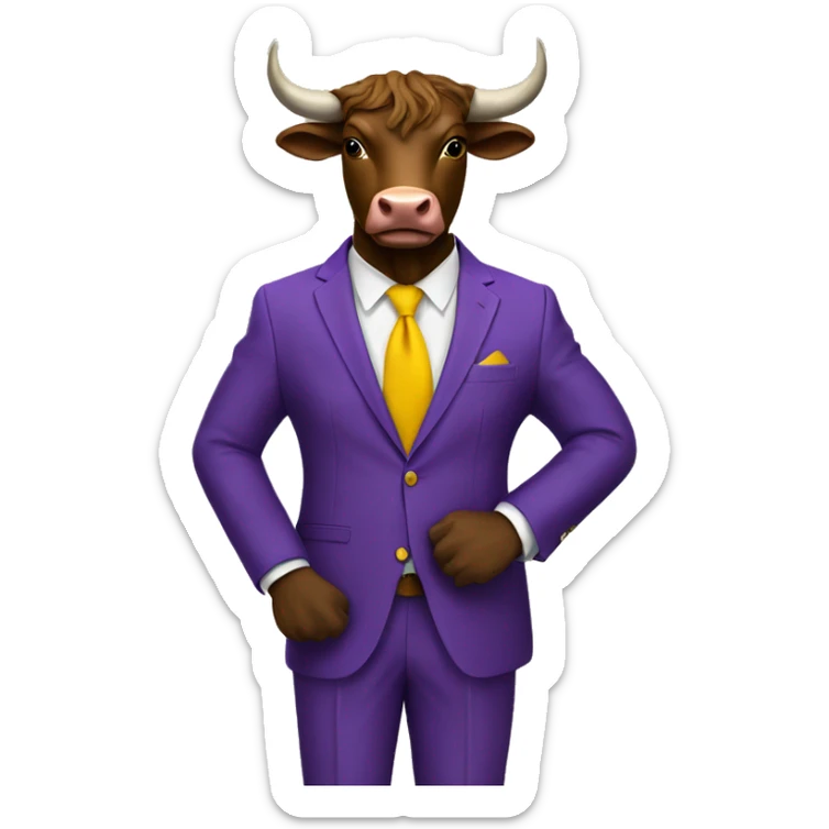 Brown bull with horns standing with 3 piece purple suit yellow tie wearing brown shoes  sticker