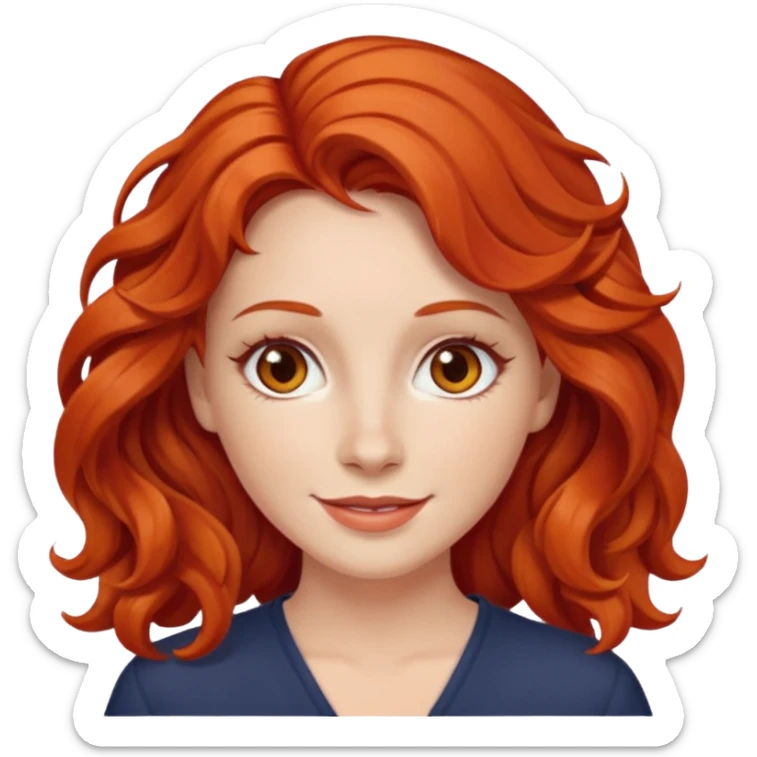 a woman with bright red wavy hair, slightly slanted almond brown eyes and white skin  sticker