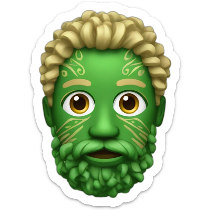 A man wearing a green wooden tribal mask with medium length blonde curly hair and with beard sticker