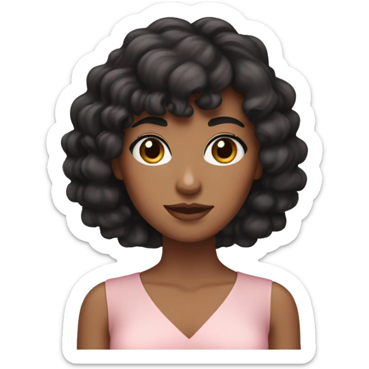 White woman with long black curly hair and bangs and dark brown eyes, wearing a pastel pink dress sticker