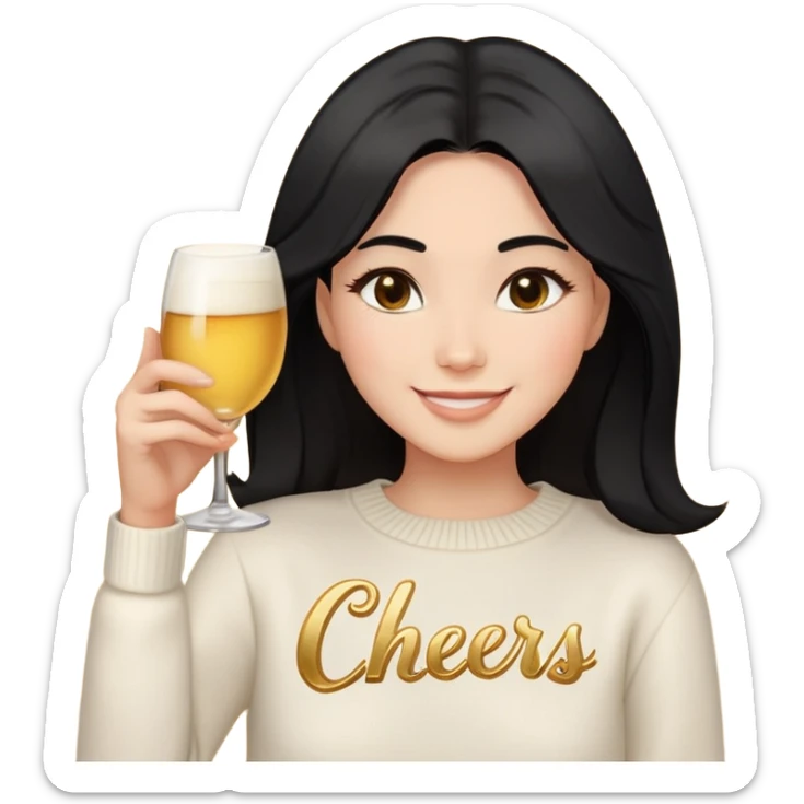 A woman with longer black hair, light to medium skin tone, full cheeks, and almond-shaped eyes, wearing a simple white sweater with the word 'cheers' in gold script, joyful and radiant expression, cheerful, emoji style, just her torso, no hands, no cups, no drinks. sticker