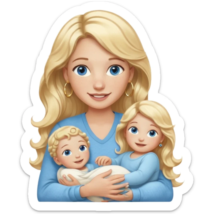 Wavy blonde, white woman with blue eyes, freckles hoop earrings, holding babies smiling and really cute in gold hoops she needs to be holding three newborns, and she needs to be more cute than pretty sticker