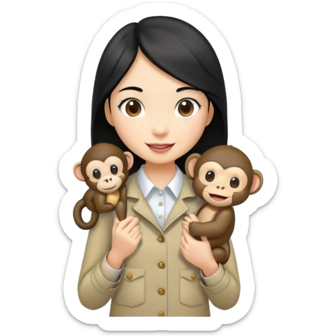 an asian girl with black hair with a happy monkey in her pocket sticker