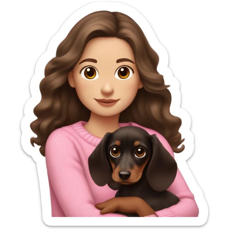  white girl with dark brown long wavy hair in a pink sweater holds a dark brown and cream dachshund long-haired puppy in her arms sticker