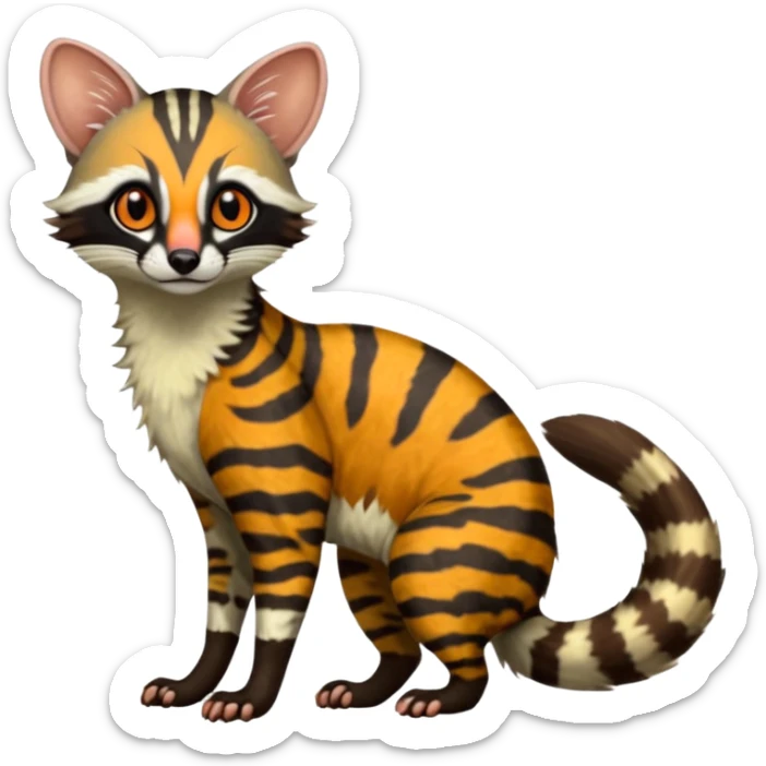 Feral Rare Fantasy shaded detailed colorful Genet-Trico-Civet-Cacomistle-Margay-species by LiLaiRa,, with white stripes with dark-blackish points, white belly, random markings, tufted tail, tufted ears, full body sticker