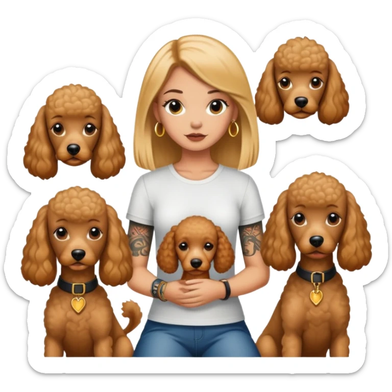a  girl with glod  straight hair and tattoos and two brown poodle dogs sticker