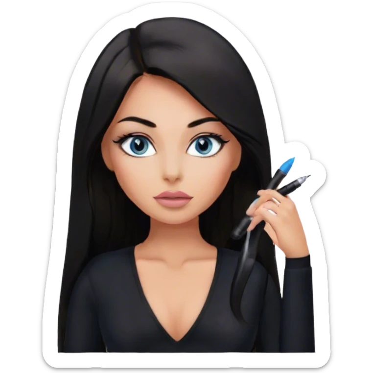 Glamours make-up, tanned, beautiful, girl, with blue eyes, big pump peach-beige-rose lips, eyeliner, long lashes, black straight smooth silky long hair, parting hair in the middle,  in black v-neck bodysuit long sleeves sticker