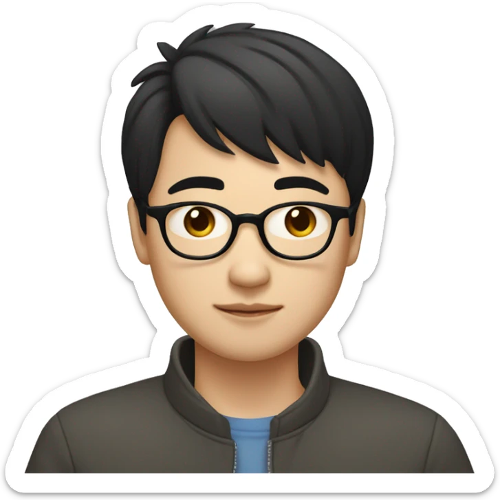 A young Chinese man with black hair, short hair, and a center cut. He has black framed glasses, small eyes, big nostrils, and a round face. He is working with a laptop in front of him sticker