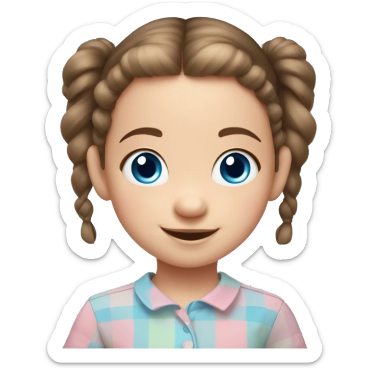 A toddler girl with 2 tiny pig tails on top of her hair with tiny bows, fair skin, blue eyes, brown hair, smiling, wearing a pastel shirt sticker