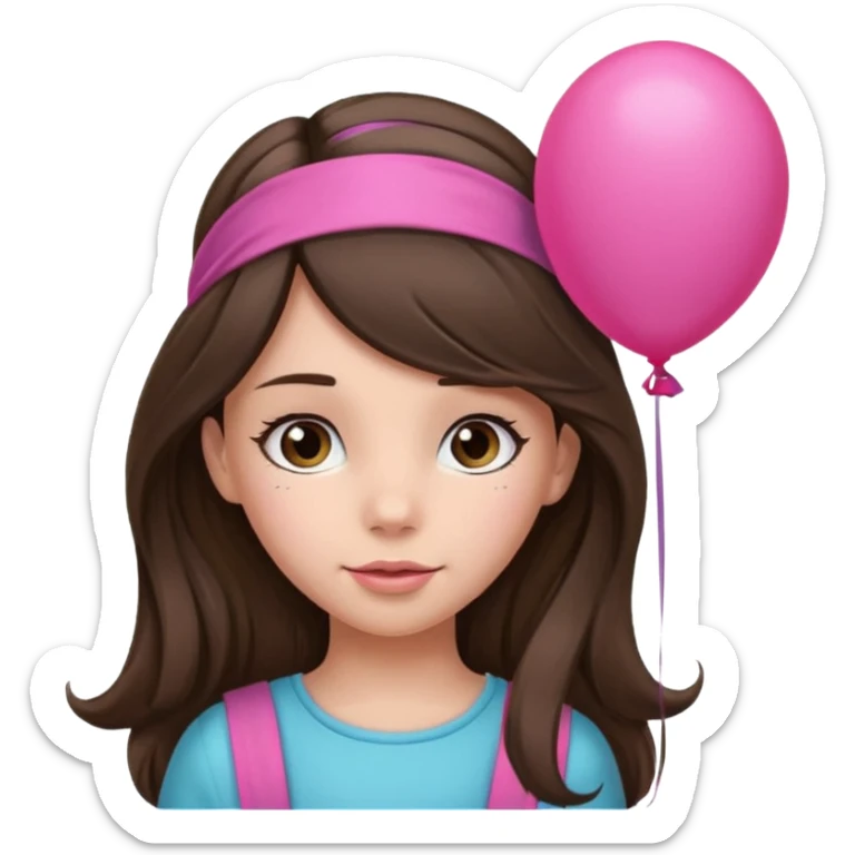 brunette long hair girl with pink baloon and headband sticker