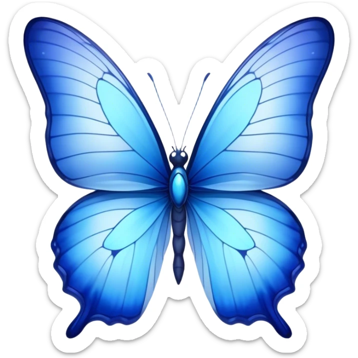 Cinematic Realistic Noble Blue Butterfly Portrait Emoji, Poised and graceful, with delicate, translucent wings rendered in vivid sapphire and indigo tones, a slender, elegant body with finely detailed textures, and gentle, reflective eyes, illuminated by soft natural light, high shine, intelligent and ethereal, styled with an air of refined natural beauty, focused and attentive, soft glowing outline, capturing the essence of a watchful and confident blue butterfly that appears to flutter out of the screen with effortless grace! sticker