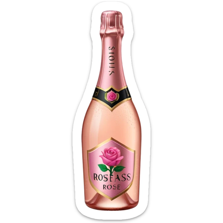 bottle of sparkling rosé with a rose logo on the label, tilted up and to the left, no glass sticker
