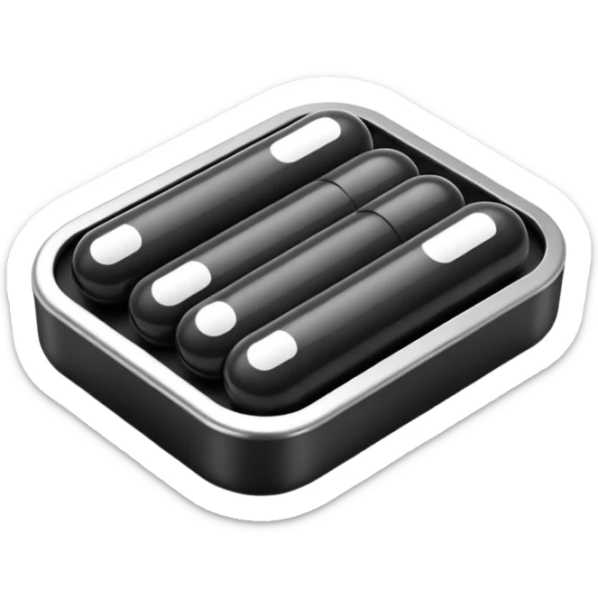 Minimalistic futuristic black medicine pills pack emoji, metallic black and white, reflective sleek surfaces, flat vector design, high-tech clean UI icon sticker