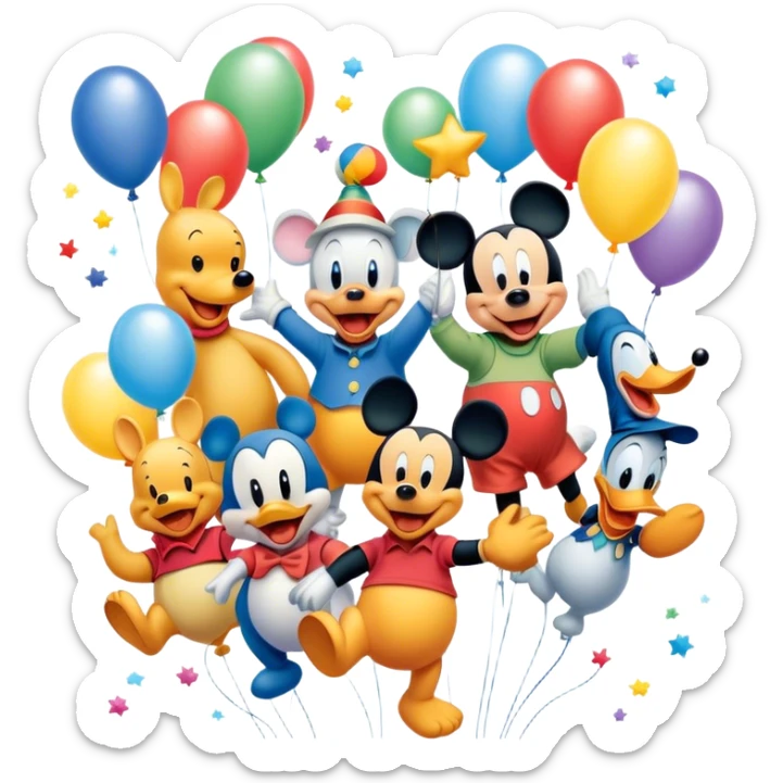 A colorful, playful close-up collage of classic cartoon characters like Goofy, Mickey Mouse, Donald Duck, Winnie-the-Pooh, and others. Bright, vibrant colors with cheerful expressions and fun elements like balloons and stars. Whimsical and nostalgic style. Transparent background. sticker