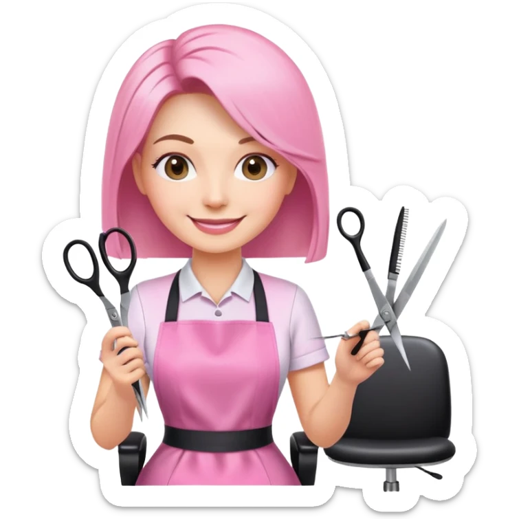 smiling woman client in pink apron sitting in salon chair, female hairstylist smiling behind with scissors sticker