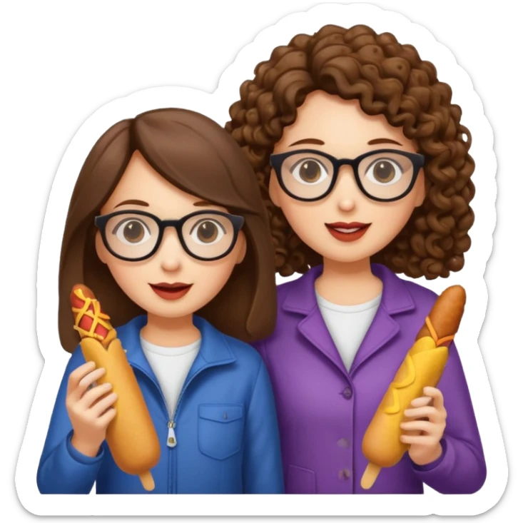 Two brunette girls, one with straight hair, one with curly hair and glasses, eating corn dogs  sticker