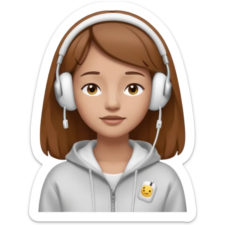 A clean, minimal emoji-style illustration of a light-skinned girl with brown hair worn loose. Her eyes are closed while listening to music with silver AirPods Max. She’s wearing a white zip-up hoodie. Smooth 3D emoji style, soft lighting, neutral tones. sticker