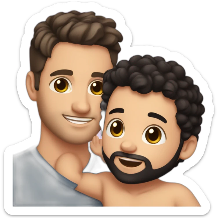 A cute white guy with short black hair, brown eyes and a black 3 day stubble beard, holding a cute white baby girl with curly black hair and big brown eyes sticker