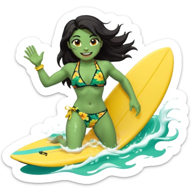 ork female holding small yellow bodyboard, running through shallow turquoise waves, muscular green body, bright floral bikini, fierce joyful grin showing tusks, long wet dark hair splashing, foam and spray, minimalist beach and ocean background, centered emoji, vibrant summer colors, sticker style sticker