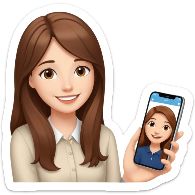 Girl with long brown hair talking to her boyfriend on video call, smiling sweetly elegant cute delicate  sticker