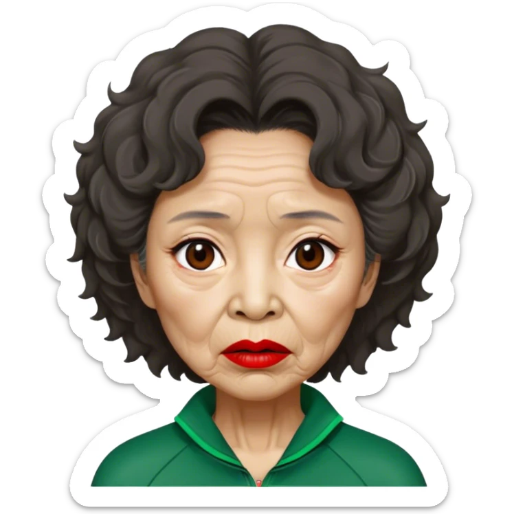 Han Mi-nyeo: Age Late 80s
Appearance: A crazy woman with many wrinkles face, frizzy, very messy dark brown hair and dramatic red lipstick.
Outfit: Green player tracksuit sticker
