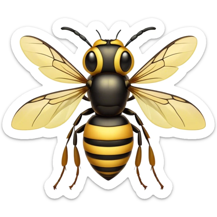 Cinematic Noble Hornet Portrait Emoji, Poised and intimidating, with a sleek, segmented body in bold yellow and black hues, sharp, focused eyes, and delicate, translucent wings, Simplified yet sharp and sophisticated features, highly detailed, glowing with a soft, insectile radiance, high shine, intelligent and formidable, stylized with an air of natural authority, focused and alert, soft glowing outline, capturing the essence of a watchful and confident hornet that appears ready to buzz out of the screen with effortless power! sticker