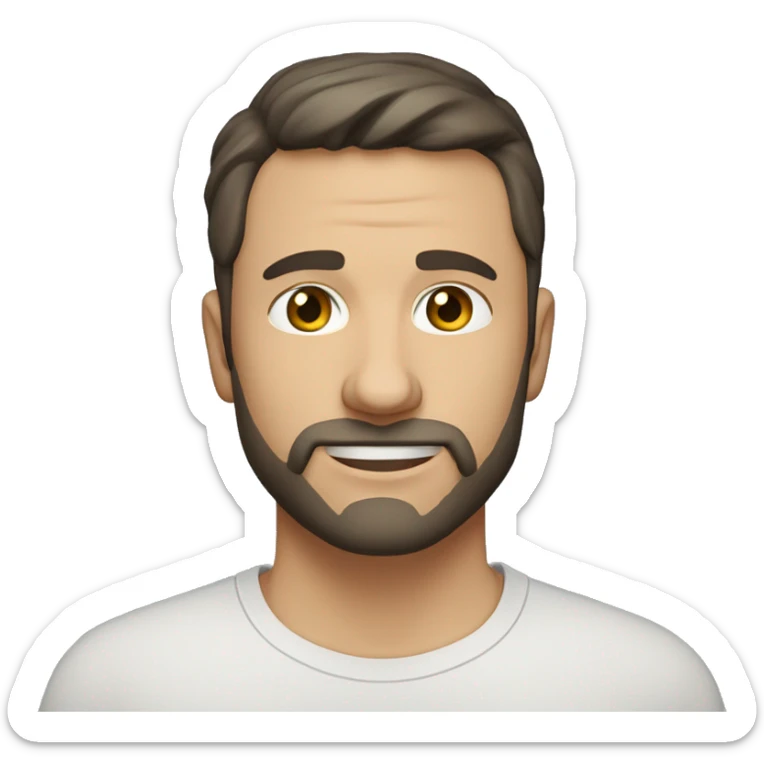 A head and shoulders shot of a 37 year old Caucasian man, with short black hair, with short beard facial hair,   with brown eyes wearing a t-shirt. sticker