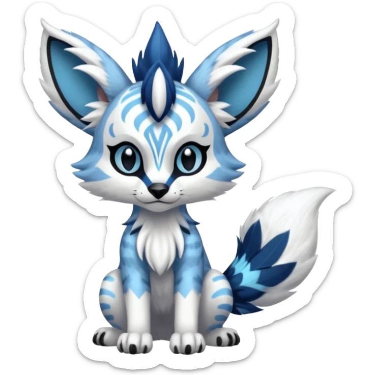 Futuristic furry fluffy floofy feathery tribal marked Genet-Absol-Kyurem-Zeraora-Primagen-fusion-creature  with big wide ears  sticker