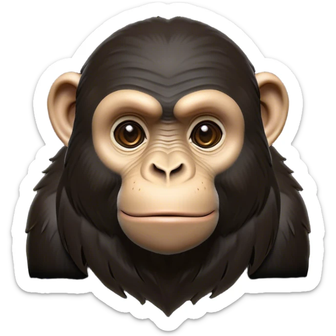 Cinematic Noble Chimpanzee Portrait Emoji, Poised and wise, with a lean, agile build adorned with textured fur and deep, thoughtful eyes, Simplified yet sharp and sophisticated features, highly detailed, glowing with a soft, contemplative glow, high shine, intelligent and vigilant, stylized with an air of primate regality, focused and attentive, soft glowing outline, capturing the essence of a watchful guardian that feels as though it could step out of the screen with effortless authority! sticker