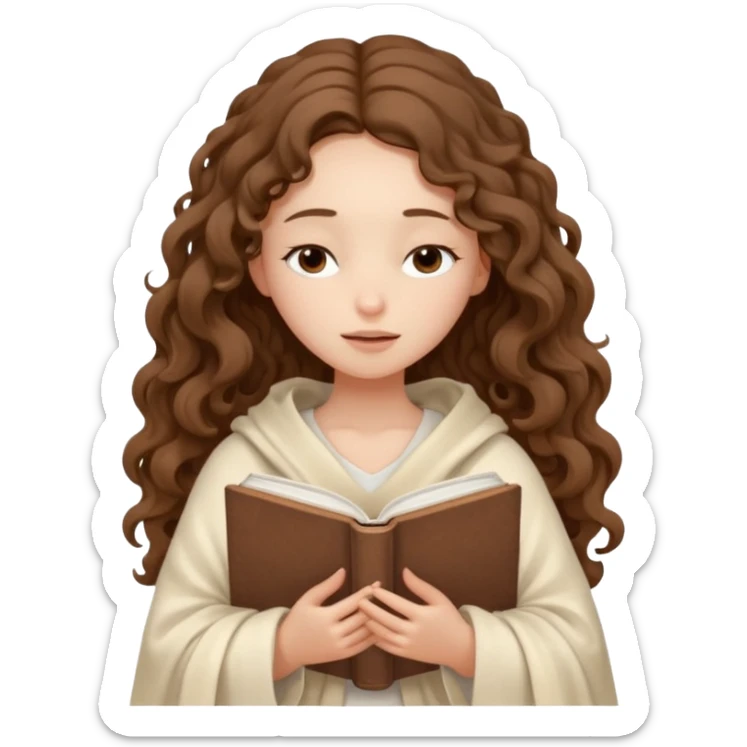 slender girl with fair skin with long curly brown hair wrapped in a cream blanket in her hands a white book eyes closed sticker