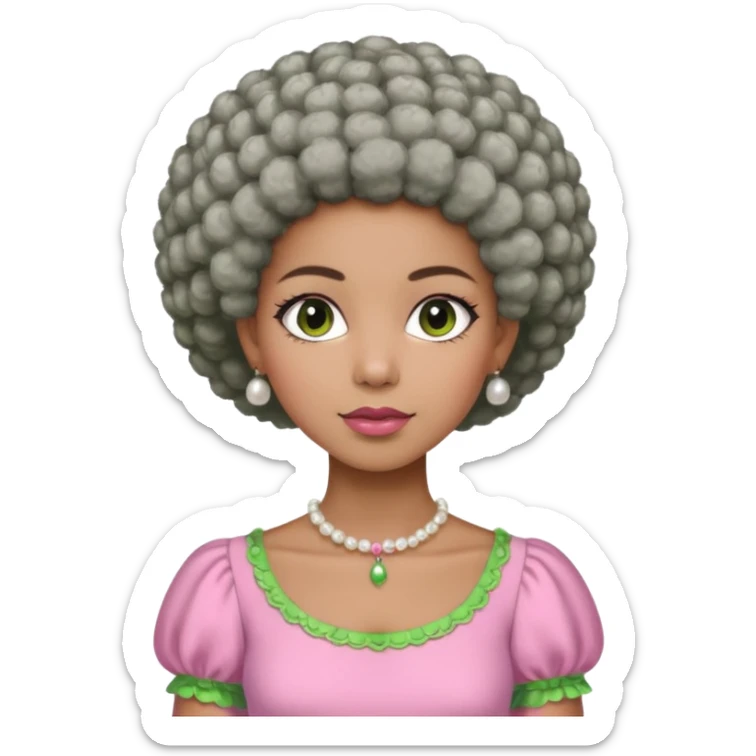 Pretty Brown woman with a very very short stylish gray Afro  wearing pink and green dress  and pearl blouse with sleeves sticker