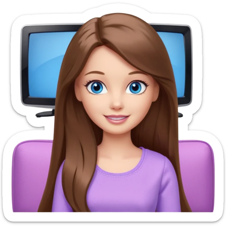 beautiful barbie girl with long brown hair, blue eyes and wearing light purple clothes watching tv sticker