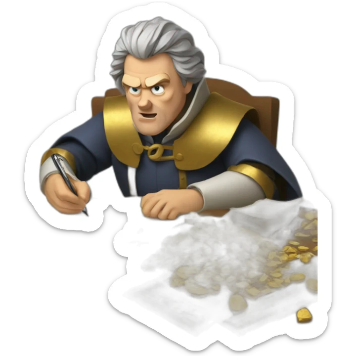 middle ages taxman, angry, writing on a paper, pile of gold sticker