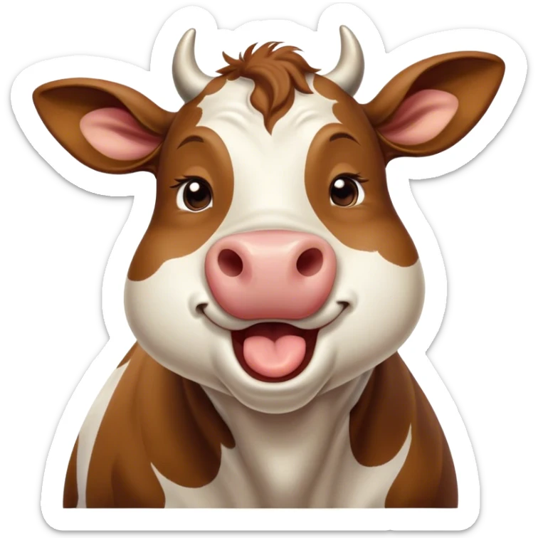 Cinematic Cute Yawning Brown and White Cow Portrait Emoji, Head tilted slightly with a dramatic, wide-open yawn, showcasing a smooth, patterned hide of brown and white, floppy ears slightly drooping, round brown eyes barely open in drowsy contentment, Simplified yet irresistibly adorable features, highly detailed, glowing with a soft, cozy glow, high shine, relaxed yet expressive, stylized with a touch of pastoral whimsy, bright and endearing, soft glowing outline, capturing the essence of a sleepy yet affectionate cow, so drowsy it feels like it could amble out of the screen and curl up for a nap! sticker