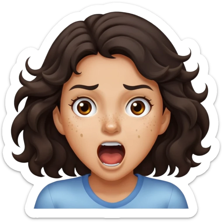 girl very dark brown wavy hair freckles tan skin color brown eyes screaming sticker