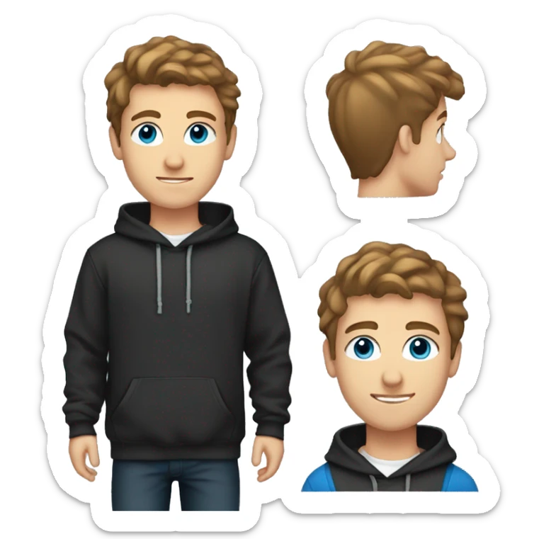 a 21 year old white boy with blue eyes, brown hair, with a taper fade and a black hoodie sticker
