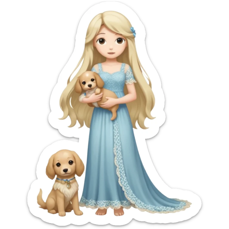 Pastel anime lady long hair with long lace dress full body holding puppy sticker