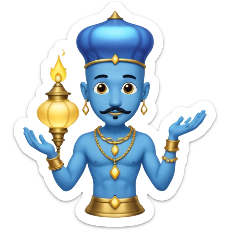 Blue skinned genie with a black goatee and gold bracelets coming out of a lamp from Aladdin  sticker