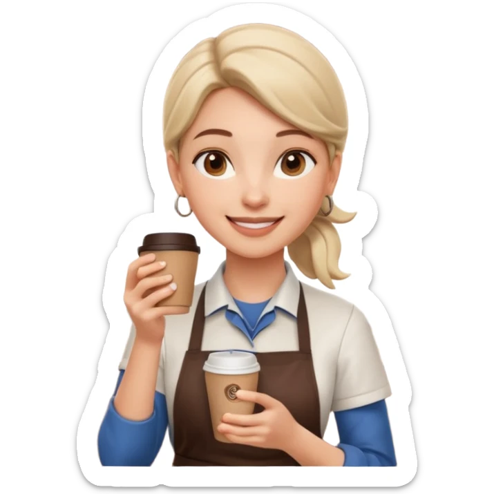 female barista portrait, head and shoulders only, wearing coffee shop apron collar, holding a takeaway cup near face, warm friendly smile, cozy cafe vibe, 3D cartoon, mobile game icon style, clean background, no text, no watermark
 sticker
