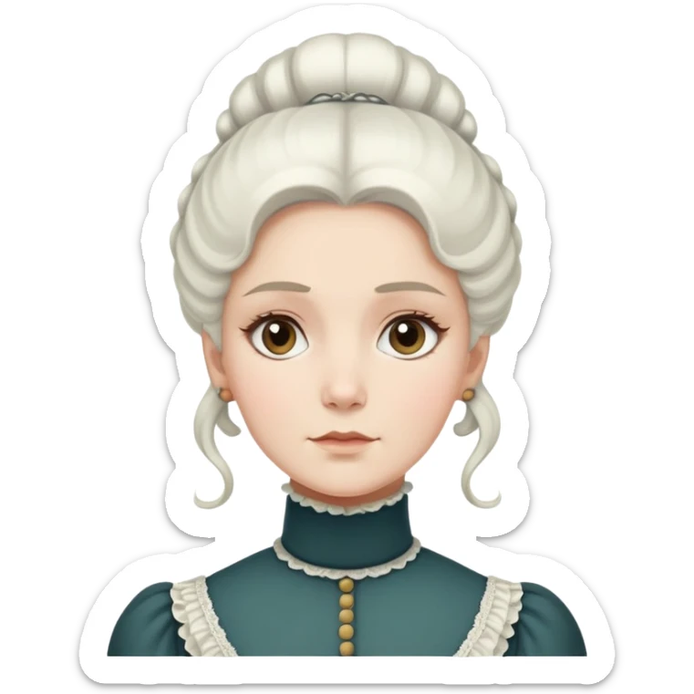 Victorian woman with white coiffed hair, modest turtleneck Victorian dress, and an awestruck expression sticker