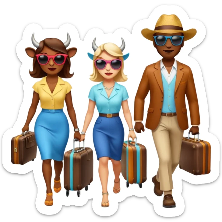 generate an emoji of a group of up to 8 male and female bulls travelling together on holidays. One bull has a suitcase, one has sunglasses, one is carrying a cocktail. They're all in motion, walking together. Make the characters look like bulls. They wear summer clothes. Suitcases are colourful sticker