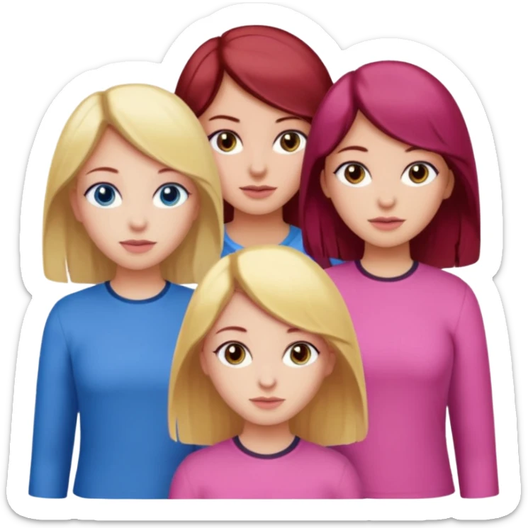 Three girls, one dark red hair with hazel eyes, one blonde with blue eyed and one with black hair and brown eyes, all wear pink sticker