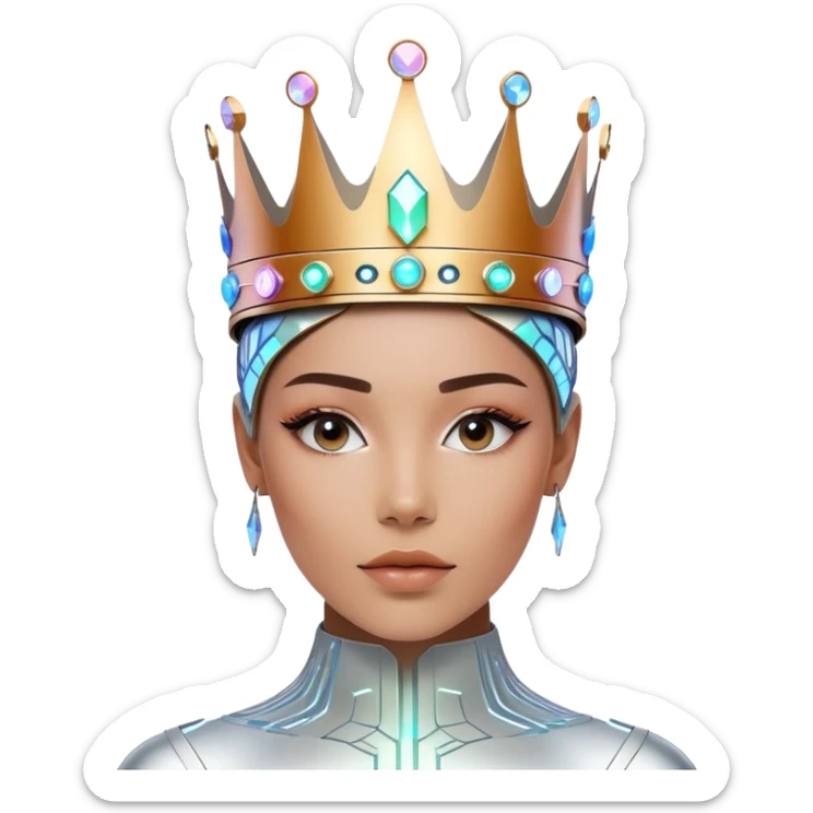 A stylish modern person wearing a futuristic digital crown made of glowing circuits and holographic elements. The crown has a clear, elegant space in the center front for placing a logo. The person is dressed in sleek, high-tech fashion with minimalistic details.  sticker