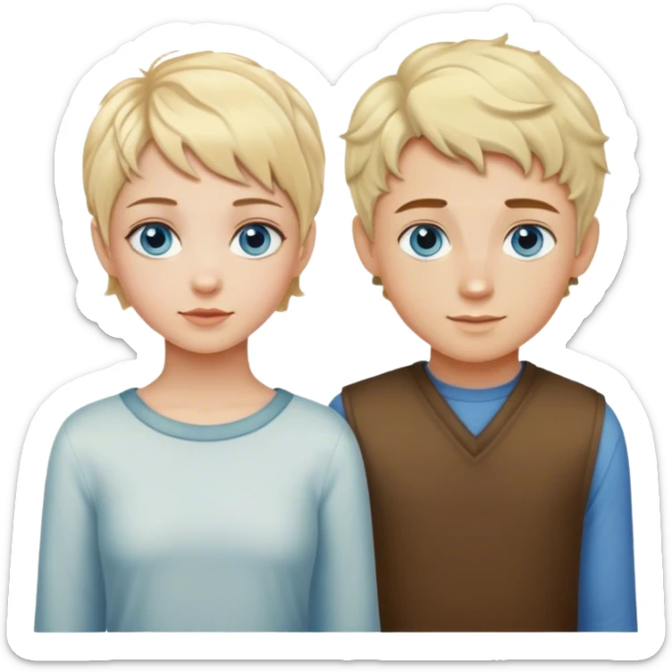 Girl with pixie cut wavy hair and blue eyes and a boy with blond hair and hazel eyes sticker